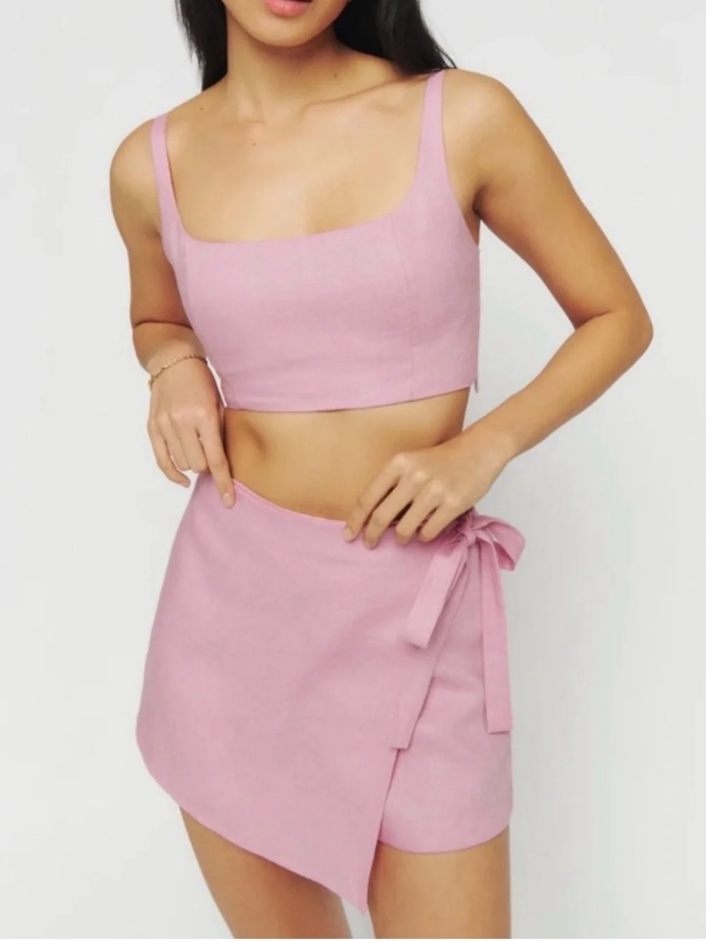 Reformation France Linen Two Piece Skort and Top Set in Pink